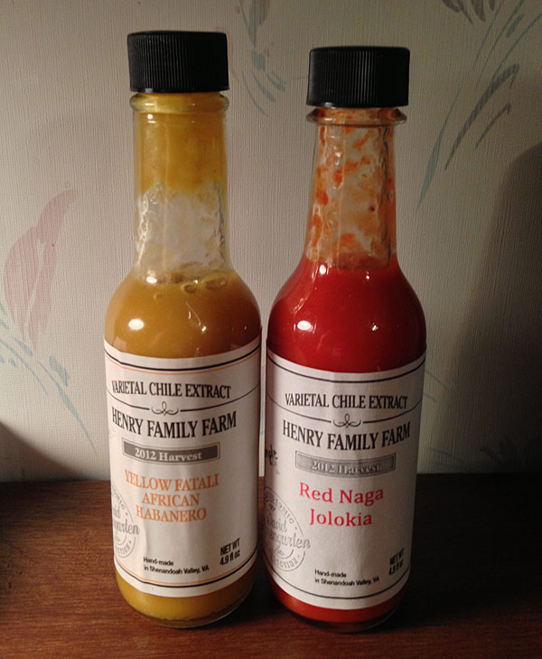 Henry Family Farm Varietal Chile Extracts Red Naga Jolokia and Yellow Fatali