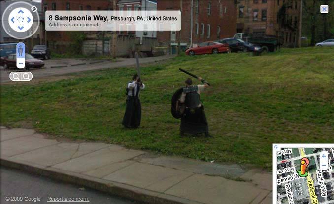 Two swordsmen goin' at it on Google Street View