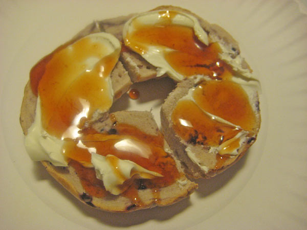 Jake Albert's Fuego Rojo Sweet Pomegranate Habanero Glaze on a Bagel